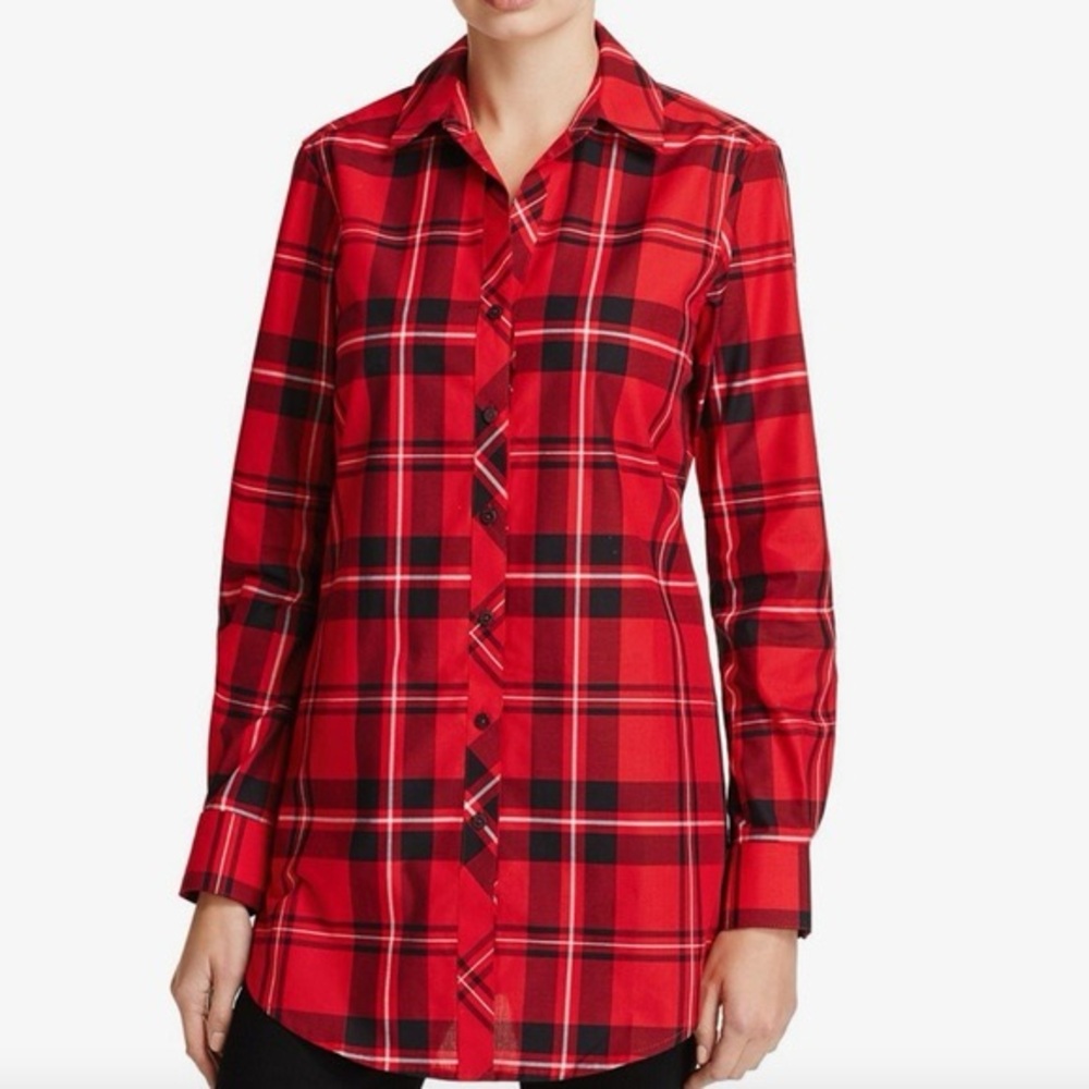 Foxcroft EUC Wrinkle Free Shaped Red Plaid Cotton Blouse Sz 18W